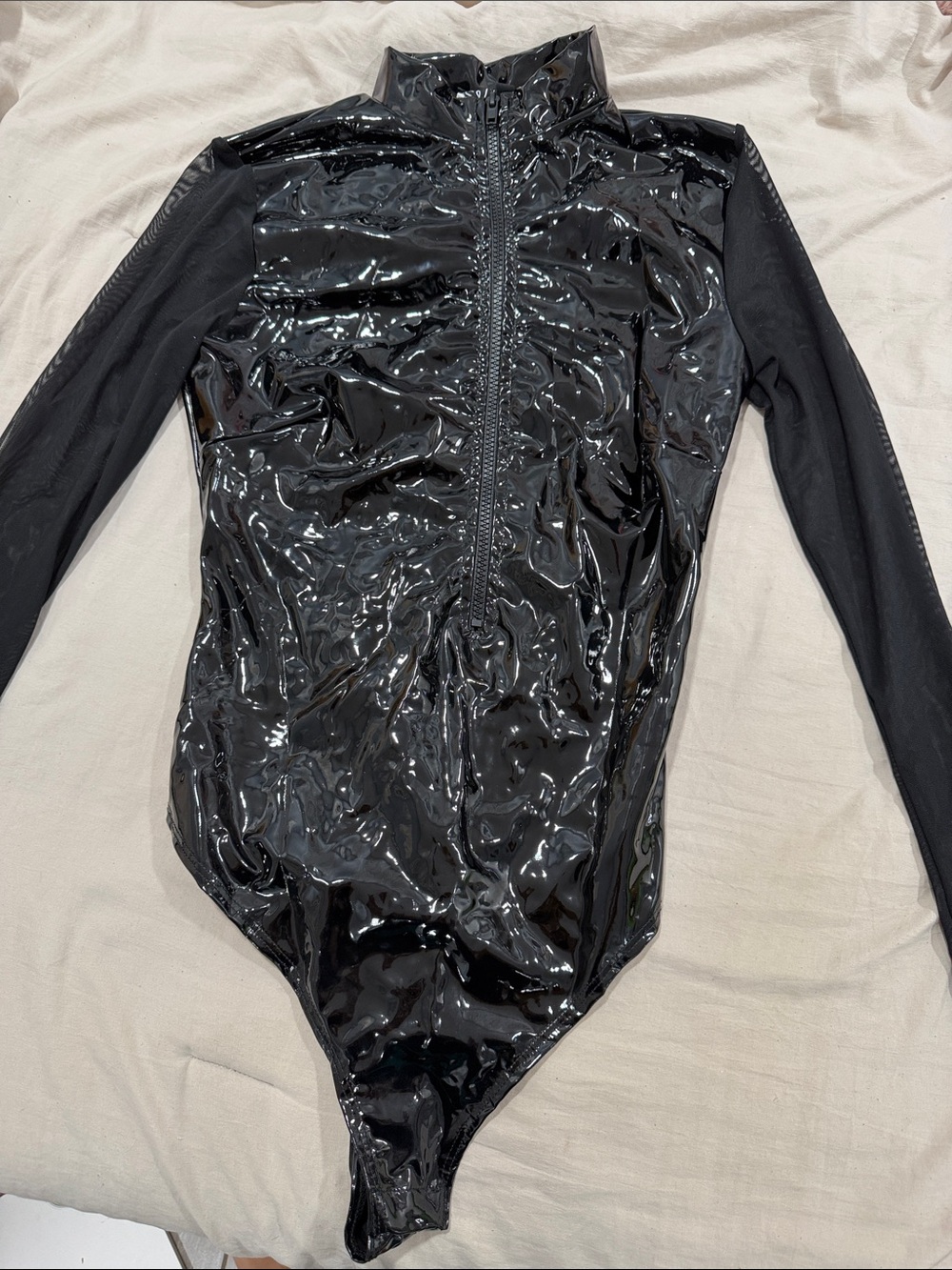 Windsor Black Glossy Zip-Front Long Sleeve Bodysuit